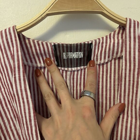 Reformation Cecilia Mini Dress Linen Pink White Striped Belt 6 - Missing Button - Picture 3 of 10